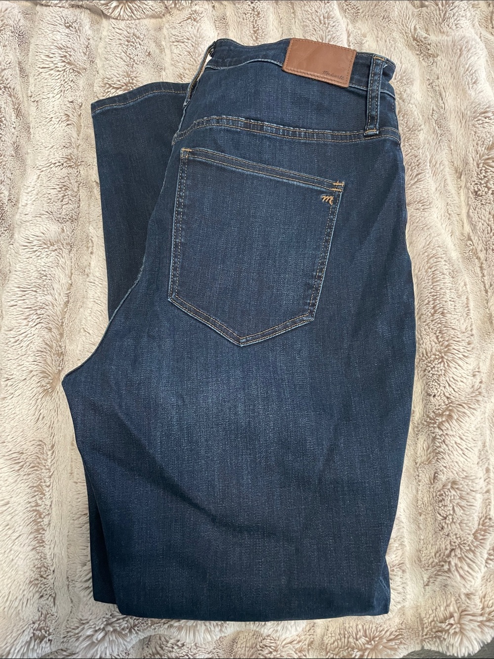 Madewell Women’s High Rise Skinny Jeans in Dark Blue with Leather Patch